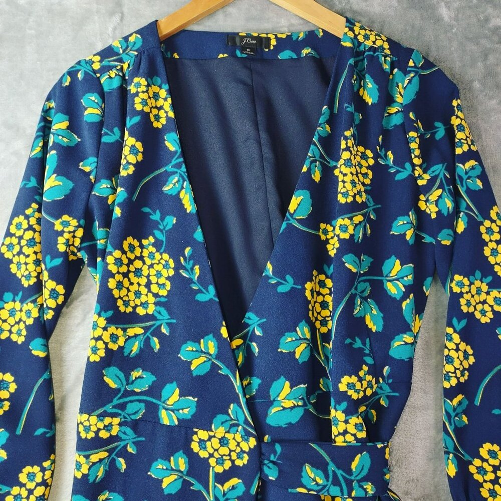J Crew Womens 0‎ Navy Floral Wrap Dress Long Sleeve VNeck Belted Romantic Spring - Picture 8 of 11